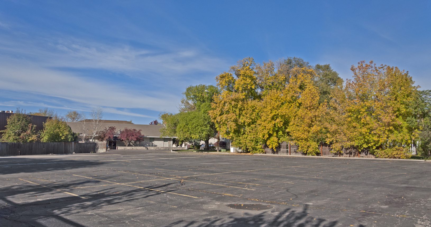 A parking lot with trees in the background.