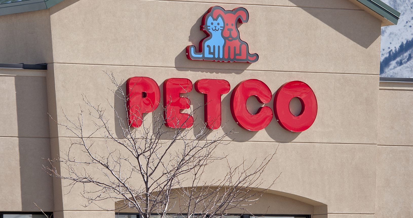 A petco store with a mountain in the background.