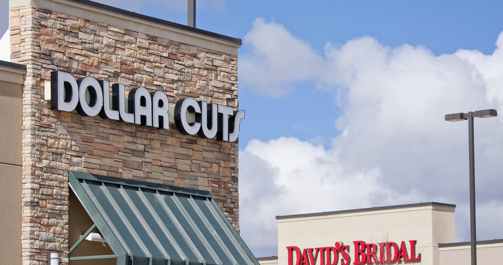 A dollar store and david 's bridal stores in front of a building.