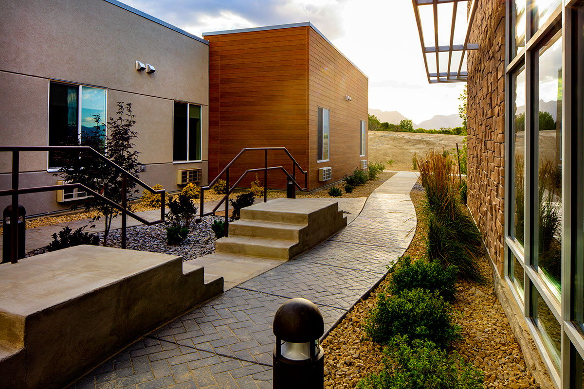 A walkway with steps leading to the building.