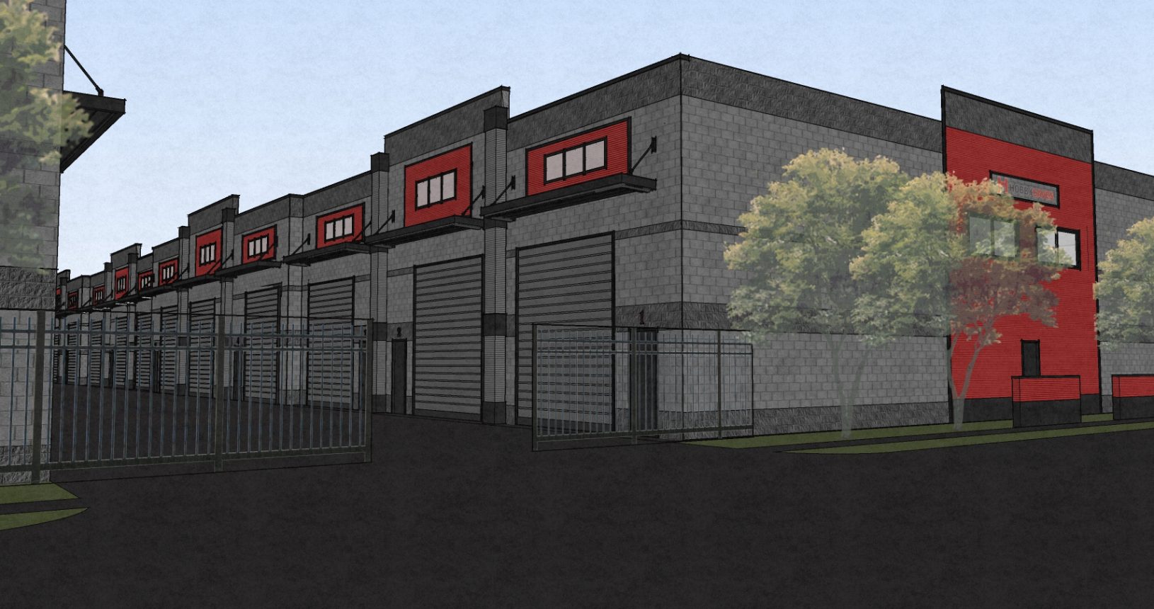 A drawing of the front of a fire station.