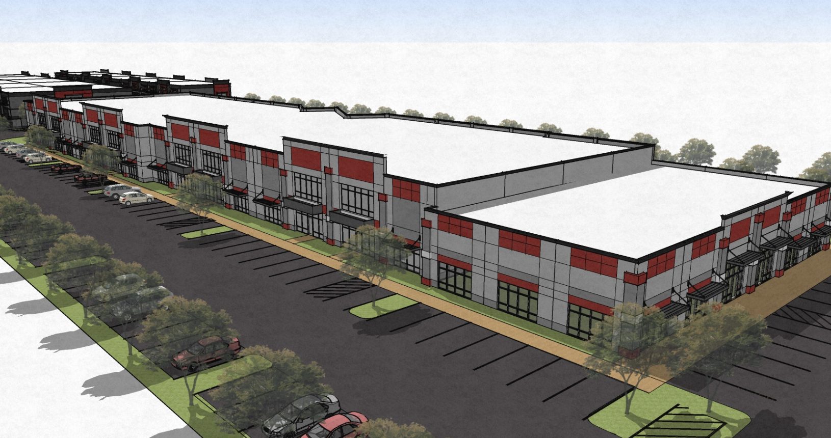 A rendering of the exterior of an industrial building.