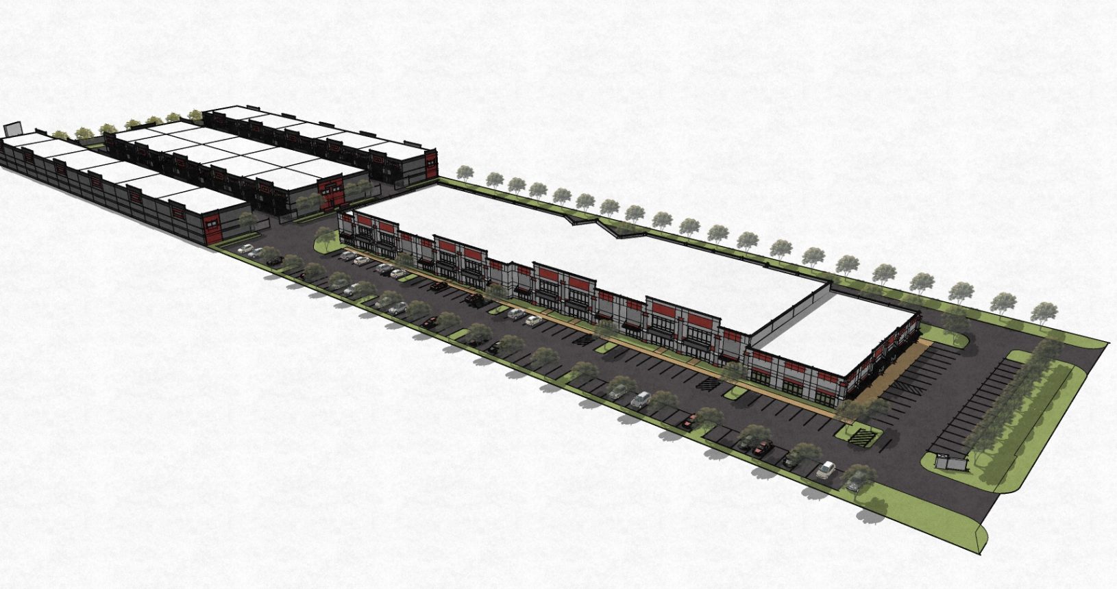 A 3 d rendering of the site plan for a shopping center.